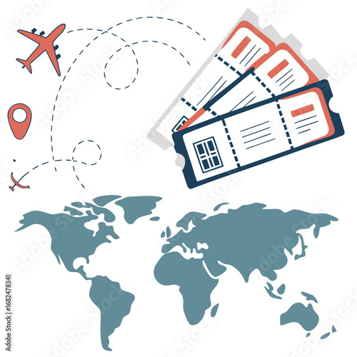 Red airplane tickets and world map for travel transportation