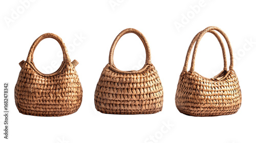Pack Collection Handwoven Straw Bags Three Unique Designs in Tan set against transparent background