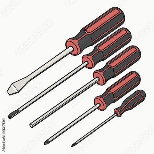 Red and black handled screwdrivers on white tool