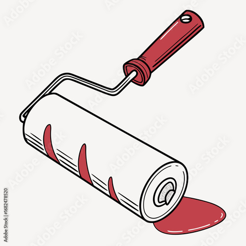 Red handled paint roller with white roller and red paint painting