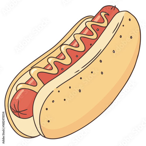 Red sausage in yellow bun with mustard drizzle hot dog food