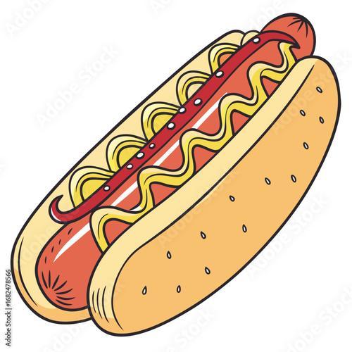 Red sausage with yellow mustard in a bun hot dog