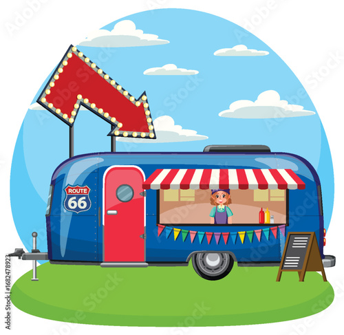 Retro Food Truck with Vendor and Arrow Sign
