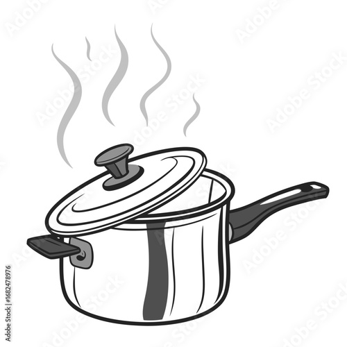 Silver cooking pot with steam rising kitchenware boiling