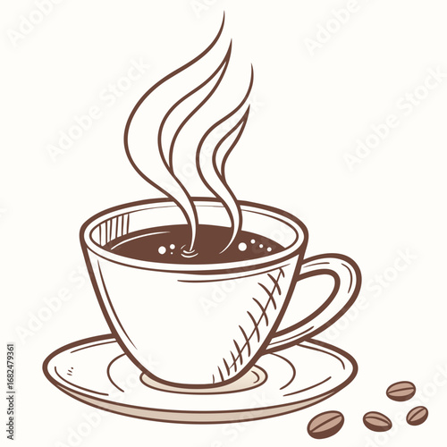 Steaming coffee cup with beans on saucer coffee beans hot beverage