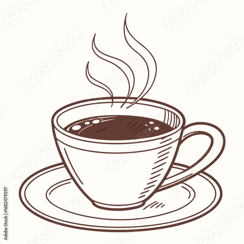 Steaming coffee cup with saucer and abstract steam hot beverage