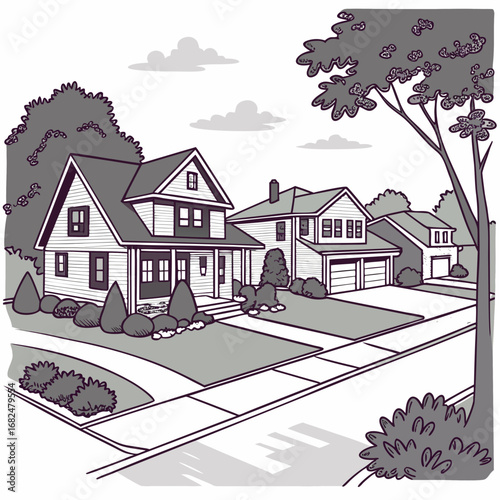 Suburban houses with trees and clouds residential