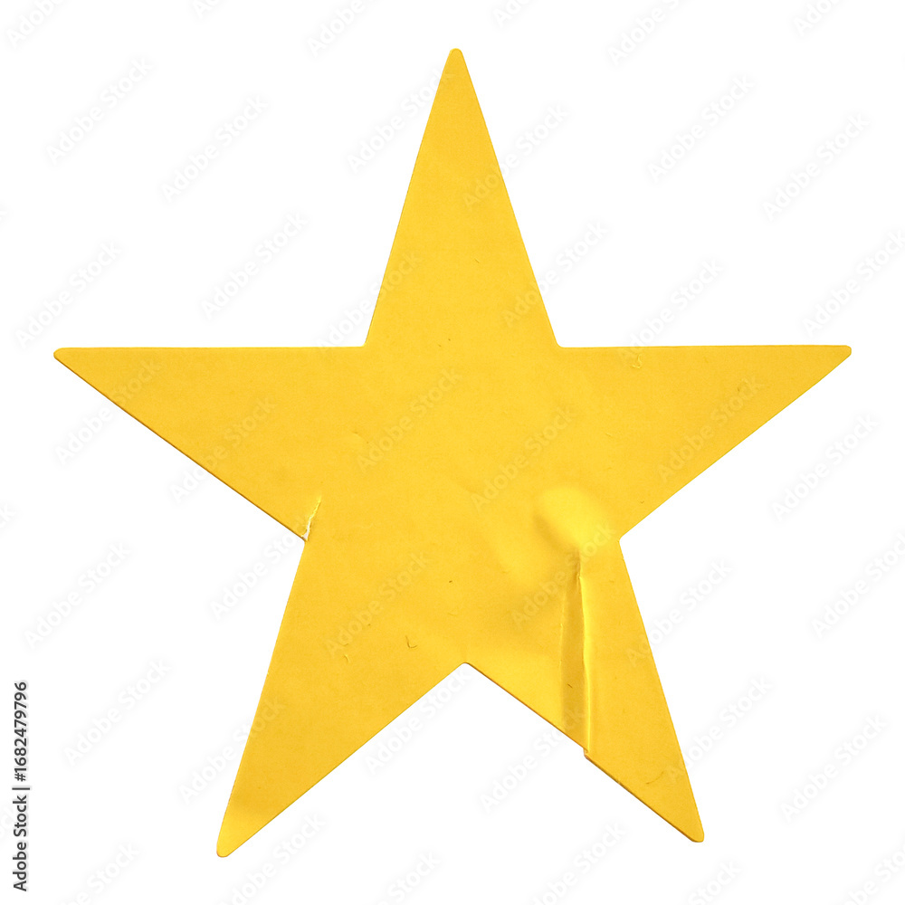 Fototapeta premium Blank yellow star sticker with a textured surface and soft creases, isolated on a white background, useful for a rating, review, or decorative design element.