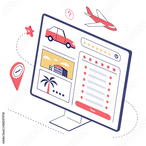 Travel booking interface with car airplane and hotel vector