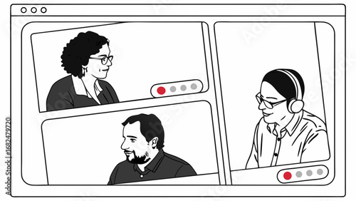 Three people in a virtual meeting on a white background video call online conference