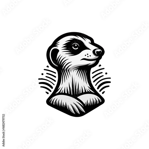 Meerkat illustration, black and white portrait, focused on the animal.