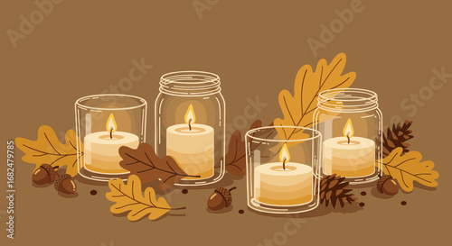 Autumn Candles with Leaves and Acorns Vector