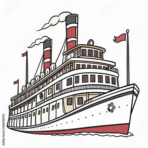 Vintage Steamboat with Red and White Stacks ship maritime