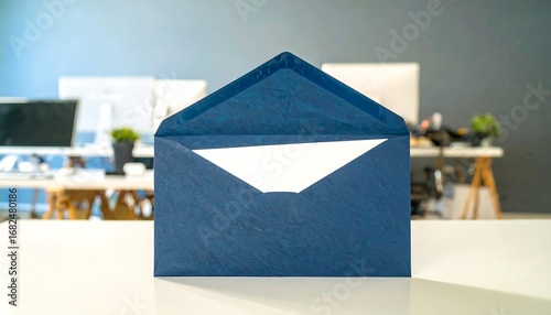 Open blue envelope on white table