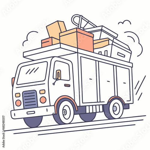 White moving truck loaded with boxes and furniture transportation delivery