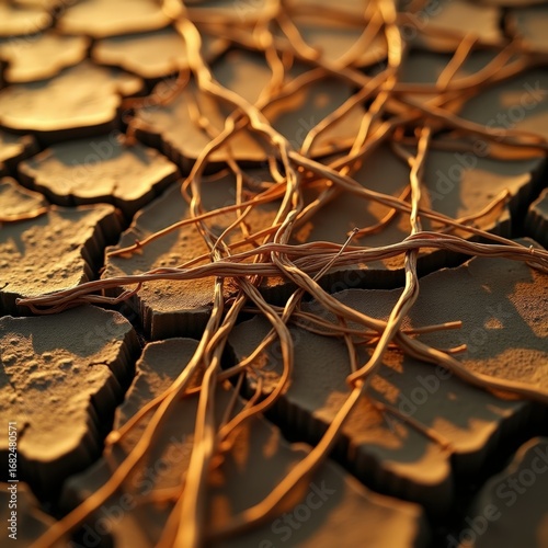Close-up of dry grass woven into tangled patterns on cracked soil, sunlight highlighting contrast.