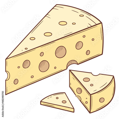 Yellow cheese wedges with holes on white dairy food