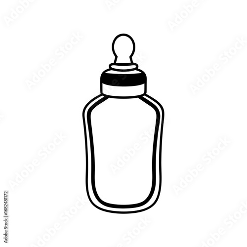 Simple white baby bottle icon with a nipple and cap on a black background