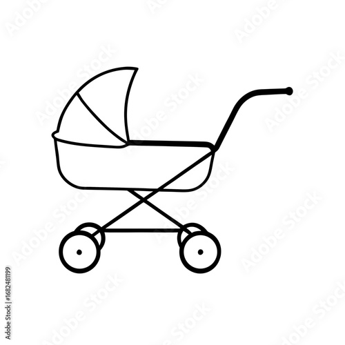 Simple white baby carriage icon on a black background classic design