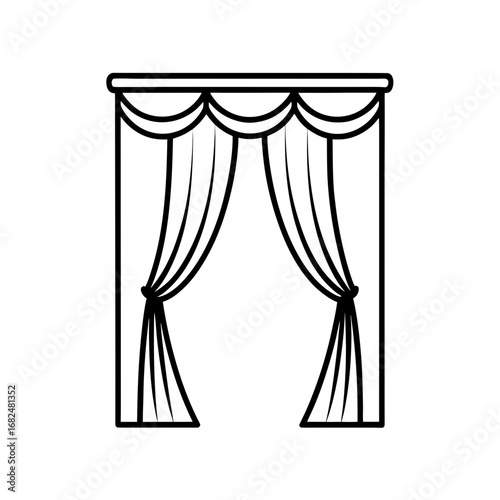 Elegant white theater curtains with swag valance on black background