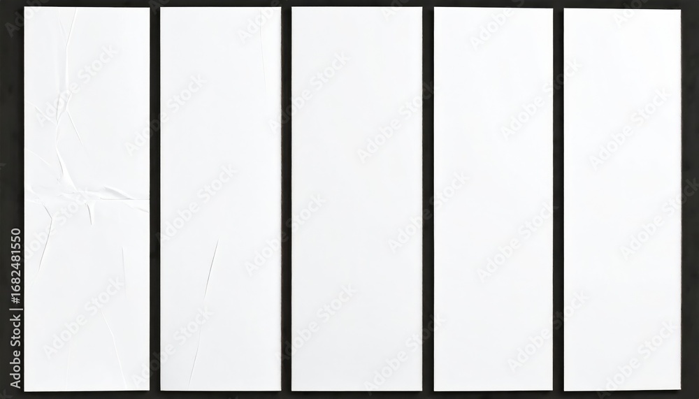 Fototapeta premium Five vertical white rectangles are lined up against a dark background. The first has wrinkles. Mockup design for posters
