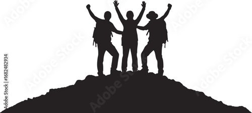 Black silhouette of group celebrating success on hilltop