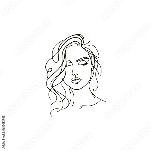 Minimalist line art portrait of a woman with closed eyes.
