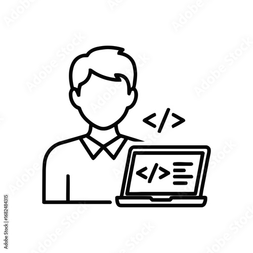 Programmer with Laptop Coding Icon.