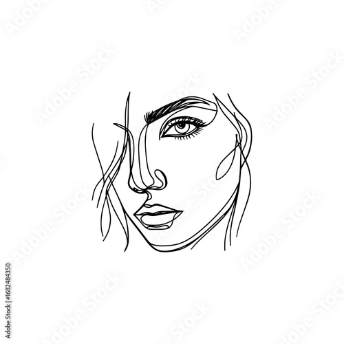 Minimalist line art portrait of a womans face, elegant and stylish.