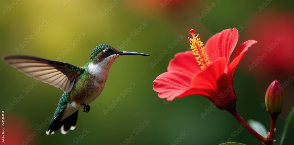 Fototapeta premium Tiny hummingbird hovers, long beak in vibrant red bloom , flora, red flower