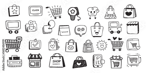 Sketch doodle style icons for online shopping and e-commerce design vector illustration