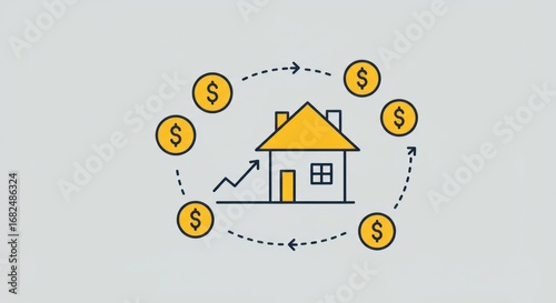 Stylized house with rising graph surrounded by dollar coins and dashed arrows