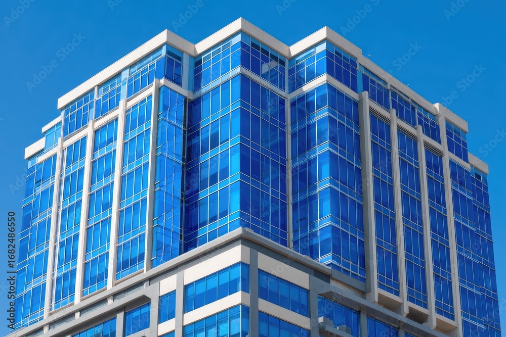 Fototapeta premium A modern, glass-fronted skyscraper stands tall against a vibrant blue sky, showcasing its architectural design with rows of large windows.