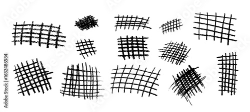 Set of crayon grids. Freehand vector chequered collage with wax scribble texture. Black pastel handmade geometry strokes create a graphic school backdrop for children playful design projects