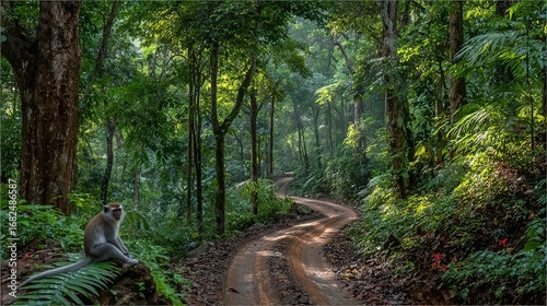 Forest path with trees and foliage lush green nature scene.
