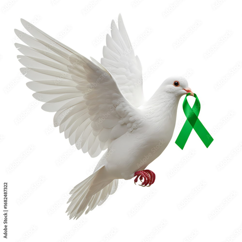 Obraz premium White Dove Carrying a Green Ribbon: Symbol of Hope and Peace