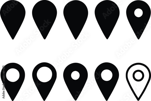 Collection of simple black location pin icons various designs isolated map marker symbol set