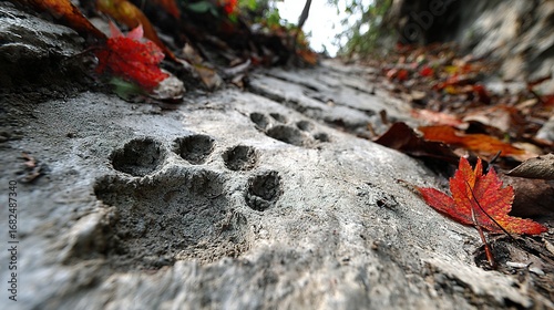 Animal paw prints on a rock surface outdoors with autumn leaves nearby.