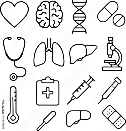 Collection of medical healthcare icons including heart brain dna pills stethoscope lungs liver microscope syringe thermometer clipboard bandaid and more