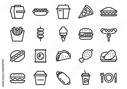 Assortment of fast food and drink icons in outline style takeout sausage
