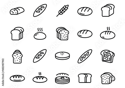 Assortment of bread and bakery product icons in outline style loaf baguette