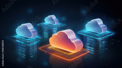 Futuristic multi cloud digital storage concept with glowing cloud icons, data server stacks, and vibrant neon colors, representing secure online data management and technology innovation