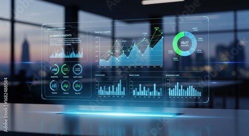 Modern Business Data Analytics Dashboard with Futuristic Interface and Cityscape Background