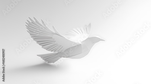 Minimalist Geometric Bird: White Low-Poly Paper Bird (Likely Pigeon) in Flight with Bright White Background