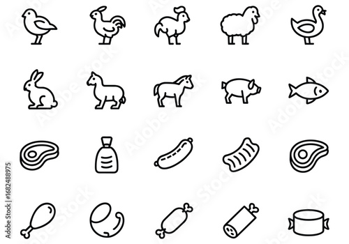 Farm Animals And Meat Products Icons Set With Chicken Pig And Steak vector illustration