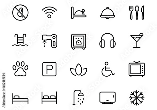 Hotel and Hospitality Service Line Art Icons Collection amenities comfort