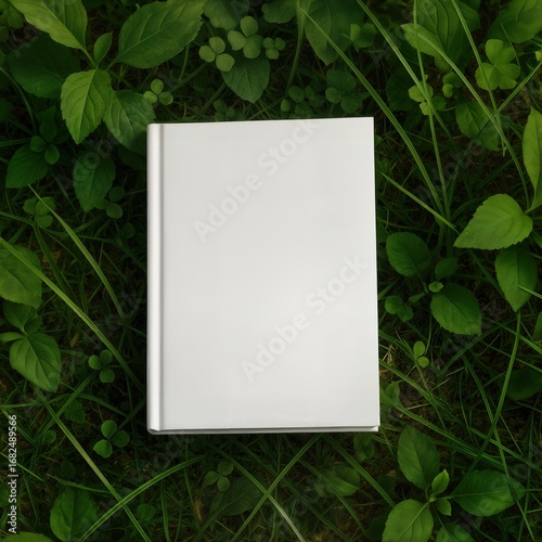 top view of Blank White Book on Green Grass. Book mockup, Blank white book cover mock-up. front view template of hardcover book mockups.