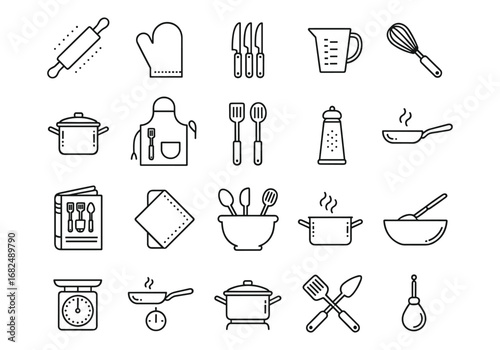 Kitchen Utensil and Cooking Equipment Icons in Outline Style rolling pin oven mitt