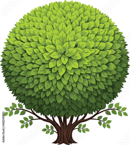 Round green leafy tree with detailed foliage and brown trunk, cartoon style, perfect for nature, garden, environment, landscaping, and outdoor design
