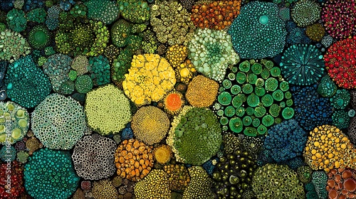 Vibrant, detailed, abstract, microscopic, colorful cluster of organic shapes